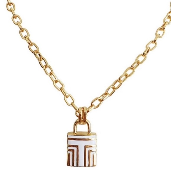 TORY BURCH White & Gold Tone Padlock Necklace, NWOT - Picture 1 of 2